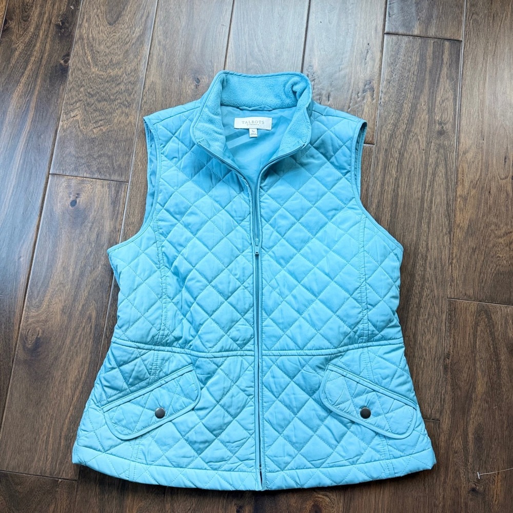 Talbots Quilted Vest Womens SP Blue Excellent Fleece Collar Full Zip Pockets